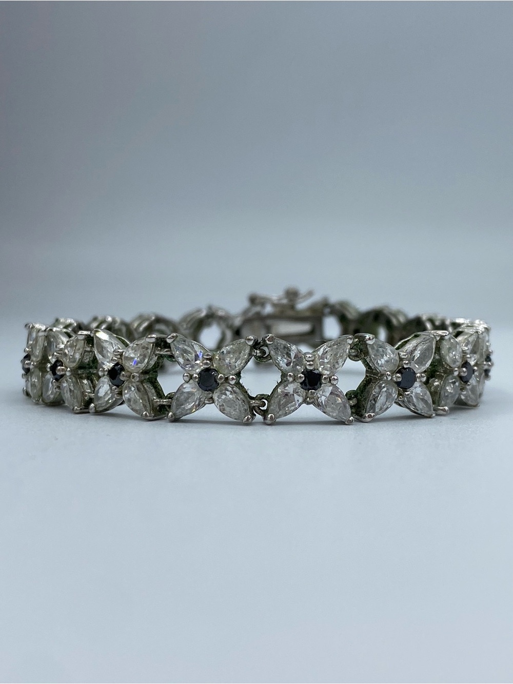 Vintage .925 Sterling Silver Floral Cluster Tennis Bracelet Clear & Black Stones
